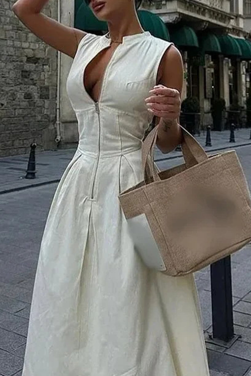 GR | Casual Street Pocket Zip O-Neck Long Dresses - 3 Colors