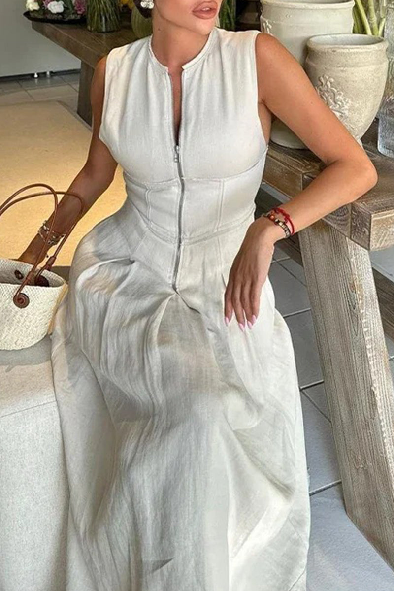 GR | Casual Street Pocket Zip O-Neck Long Dresses - 3 Colors
