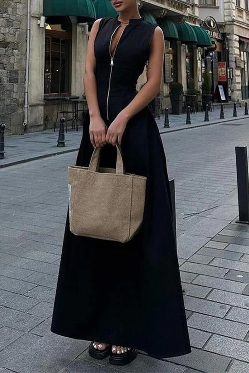 GR | Casual Street Pocket Zip O-Neck Long Dresses - 3 Colors