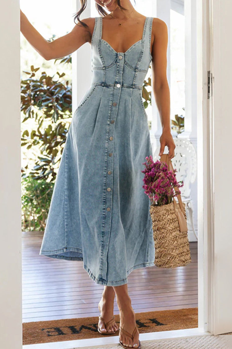 GR | Elegante Einfarbige Knöpfe Patchwork V-Ausschnitt Ärmellose Denim Kleider