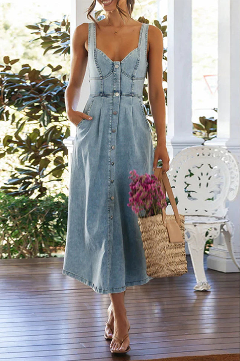 GR | Elegante Einfarbige Knöpfe Patchwork V-Ausschnitt Ärmellose Denim Kleider