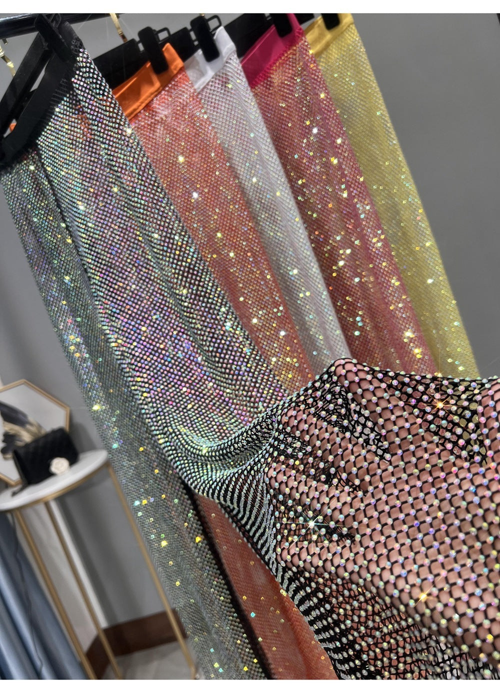 GR | Rhinestone Straight Mesh Wide Leg Slim Fit Flattering Mop Pants