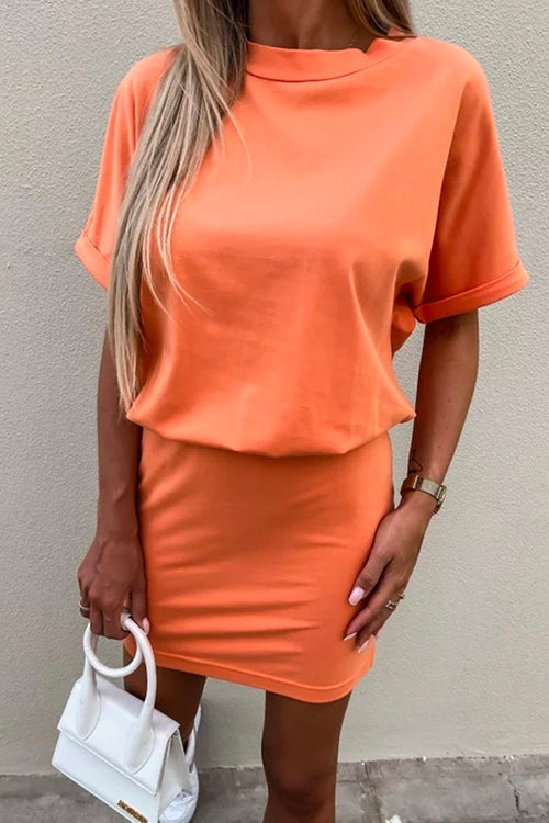 GR | Rosiedress Rundhals Kurzarm Tailliertes Uni Mini Kleid