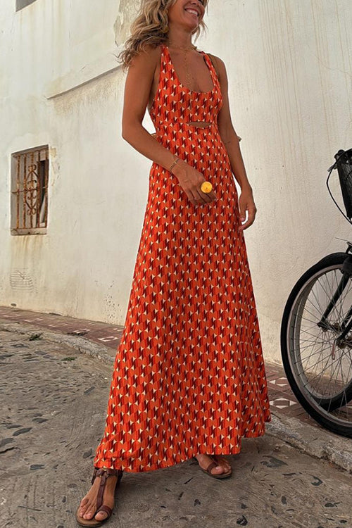 GR | Scoop Neck Backless Geometric Print Maxi Cami Dress