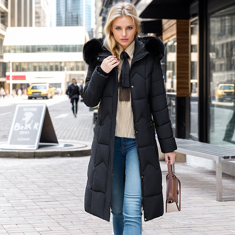 GR | Elegant tailored over-the-knee cotton coat with fur collar