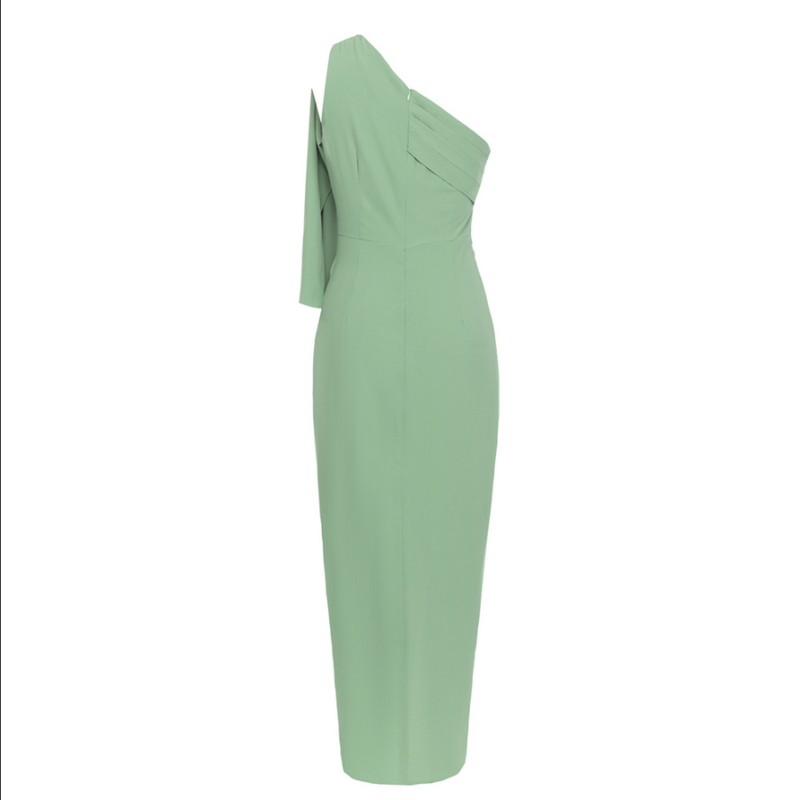 Asymmetrical, figure-hugging midi dress with draping detail | Green