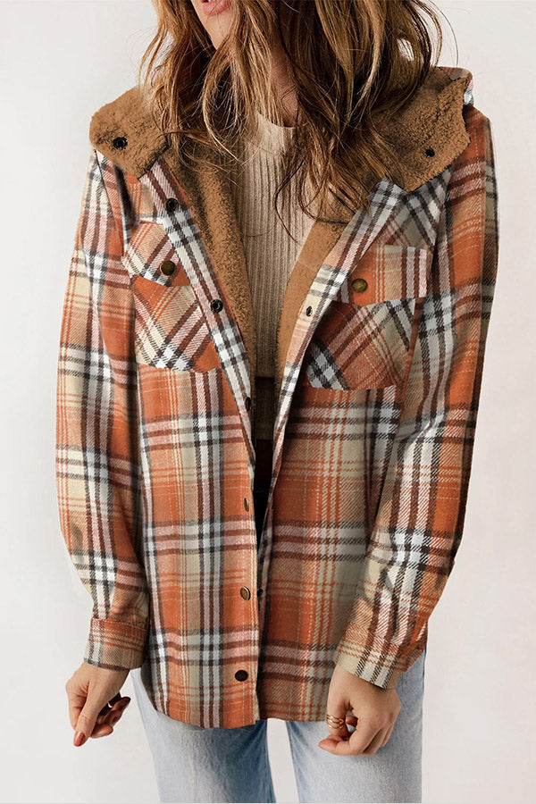 GR | Snap Button Sherpa Fleece Lined Hooded Flannel Jacket