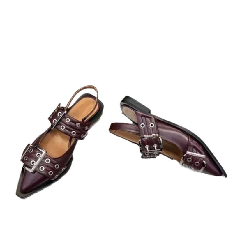 GR | Pointed toe belt buckle mules leather flat sandals