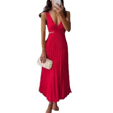 GR | Sleeveless V-neck dress with pleats and open back