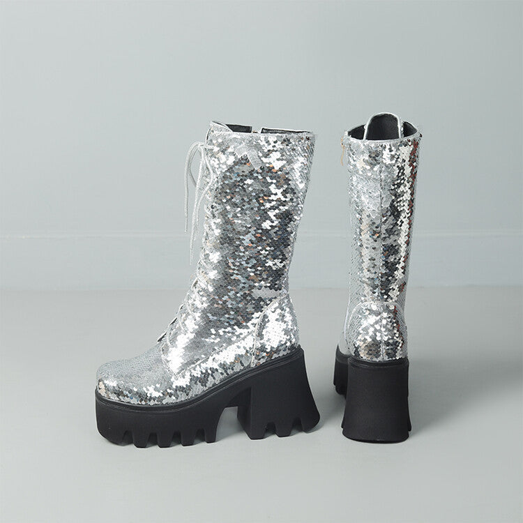 GR | Sequin Mid-Length Martin Boots Round Toe Front