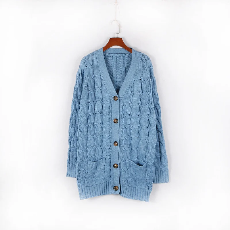 GR | Women's wool cardigan with cable knit pattern and wooden buttons, loose fit