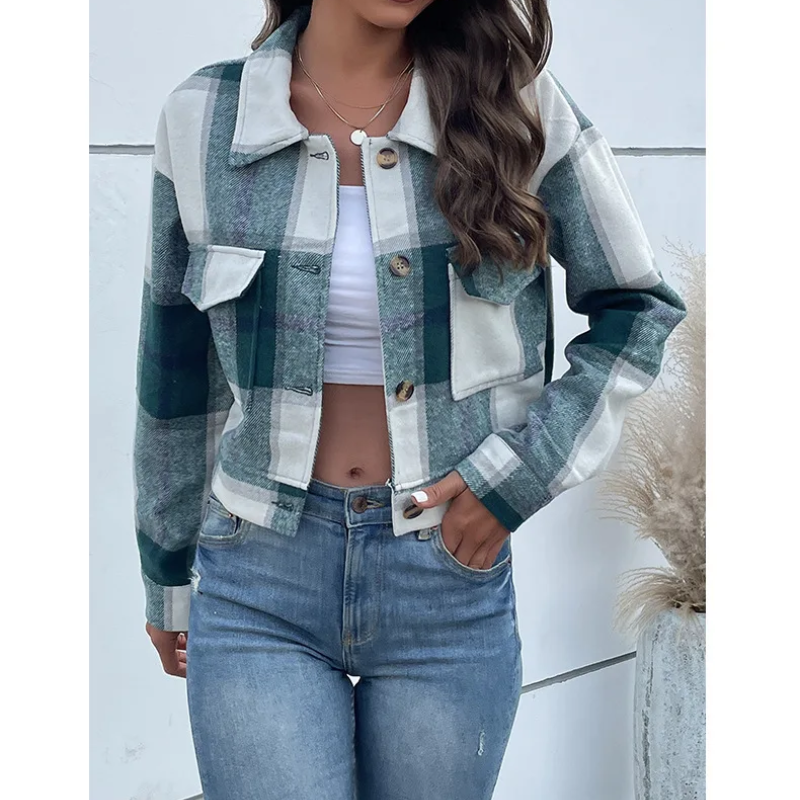 GR | Long-sleeved bomber jacket with check pattern and buttons