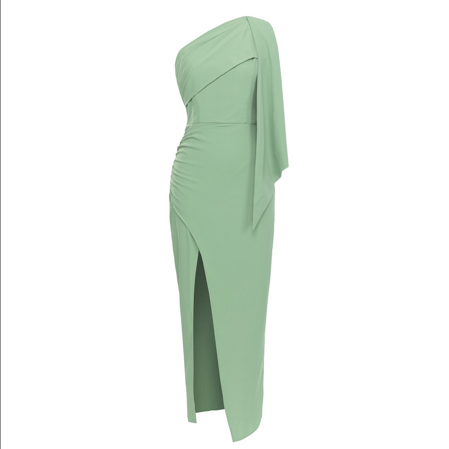 Asymmetrical, figure-hugging midi dress with draping detail | Green