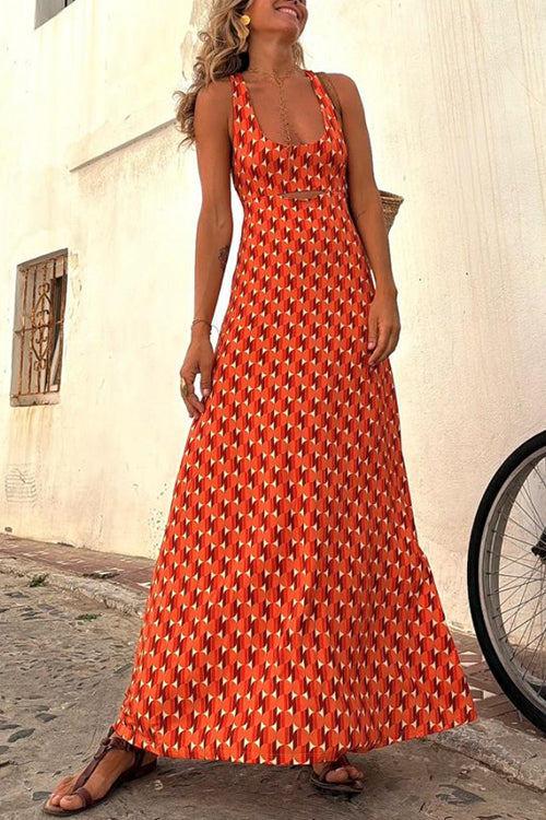 GR | Scoop Neck Backless Geometric Print Maxi Cami Dress