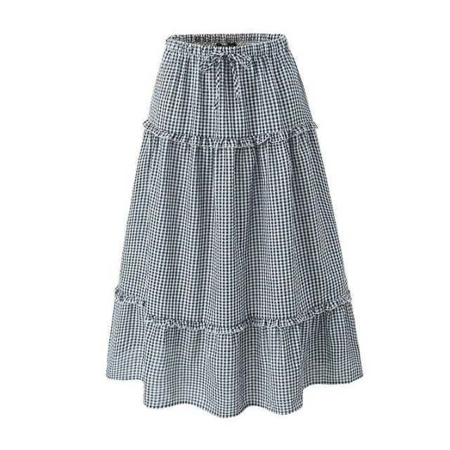 GR | Gestuftes Gingham-Midirock mit Rüschendetail