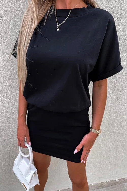GR | Rosiedress Rundhals Kurzarm Tailliertes Uni Mini Kleid