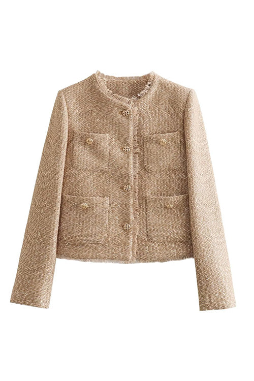GR | Rosiedress Button Up Frayed Hem Short Tweed Jacket