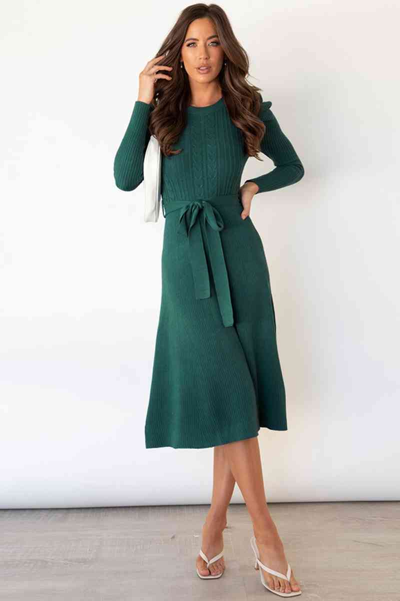 GR | Round Neck Long Sleeve Knot Waist Sweater Dress