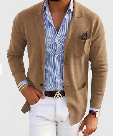 GR | Men's Cardigan with Casual Buttons, Pockets and Notched Collar, Solid Color, Long Sleeves