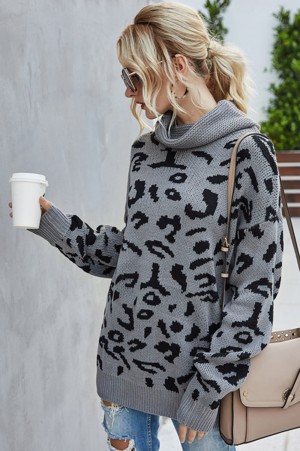 GR Loose leopard print turn-down collar sweater