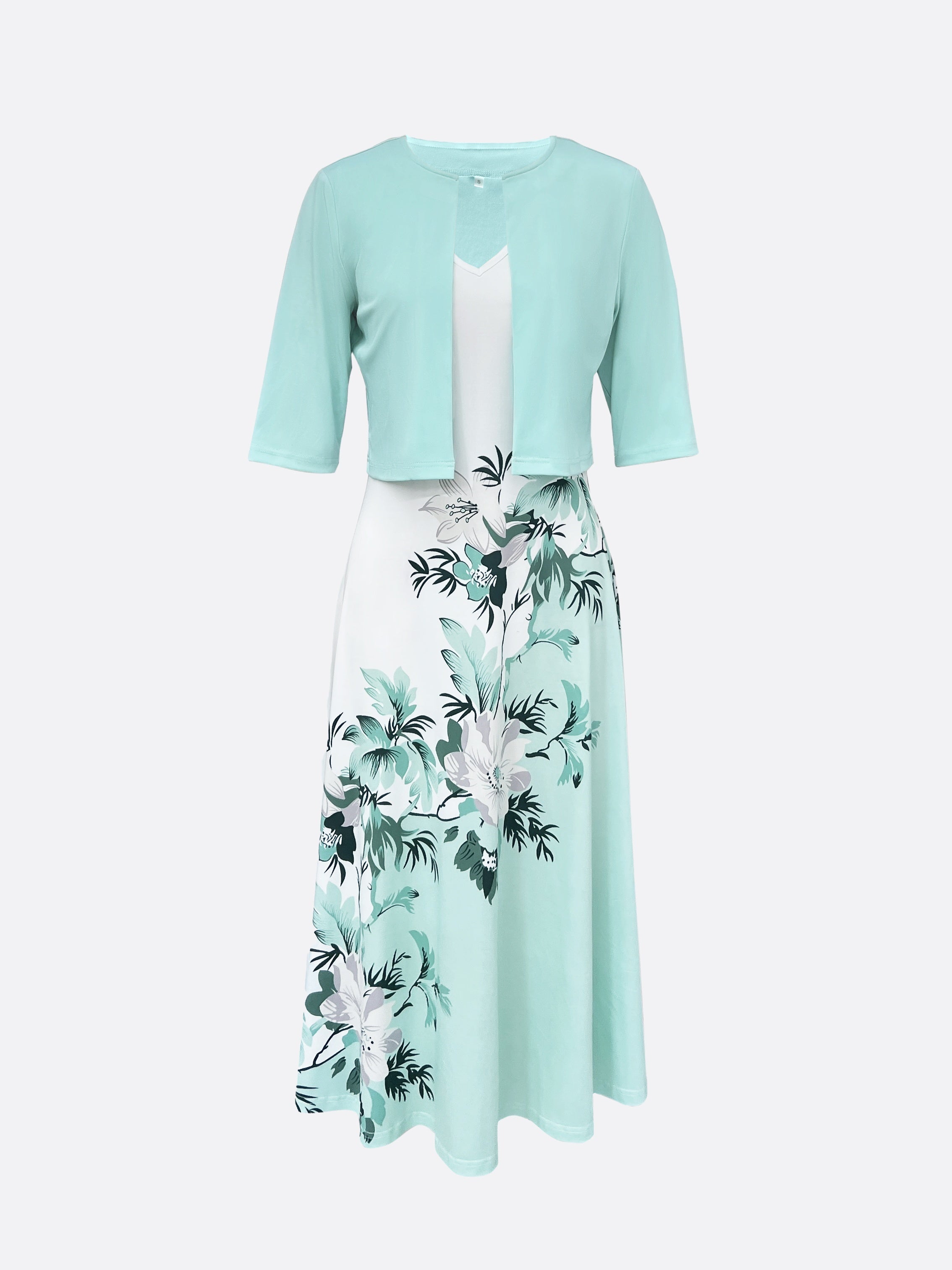 GR Dress | Elegant turquoise long blazer/dress set with floral pattern