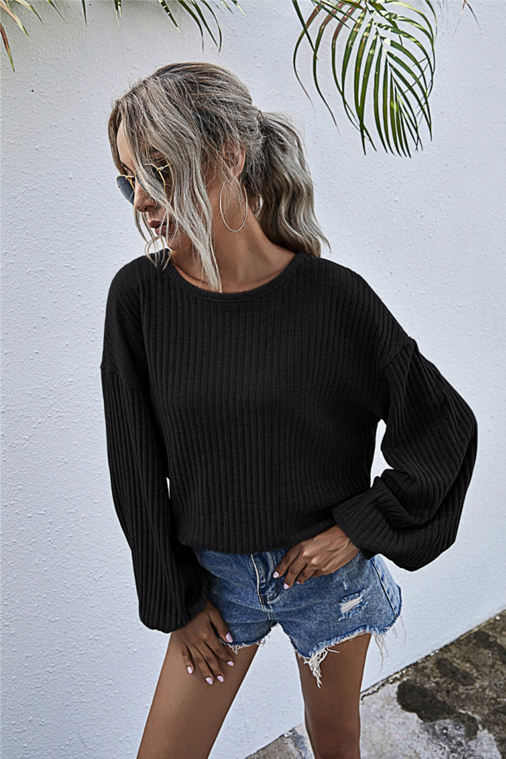GR Round Neck Lantern Sleeve Casual Knitted Top