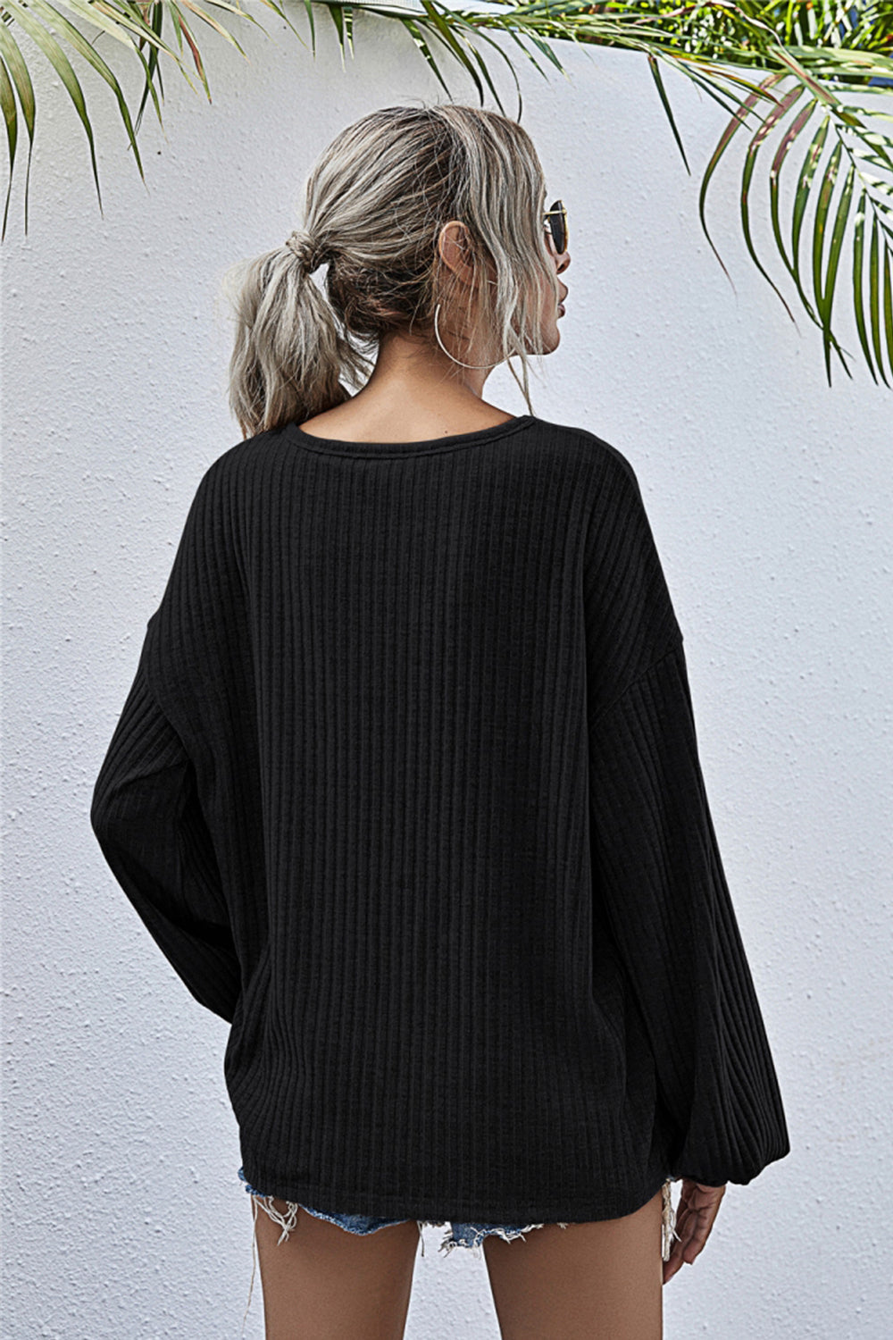 GR Round Neck Lantern Sleeve Casual Knitted Top