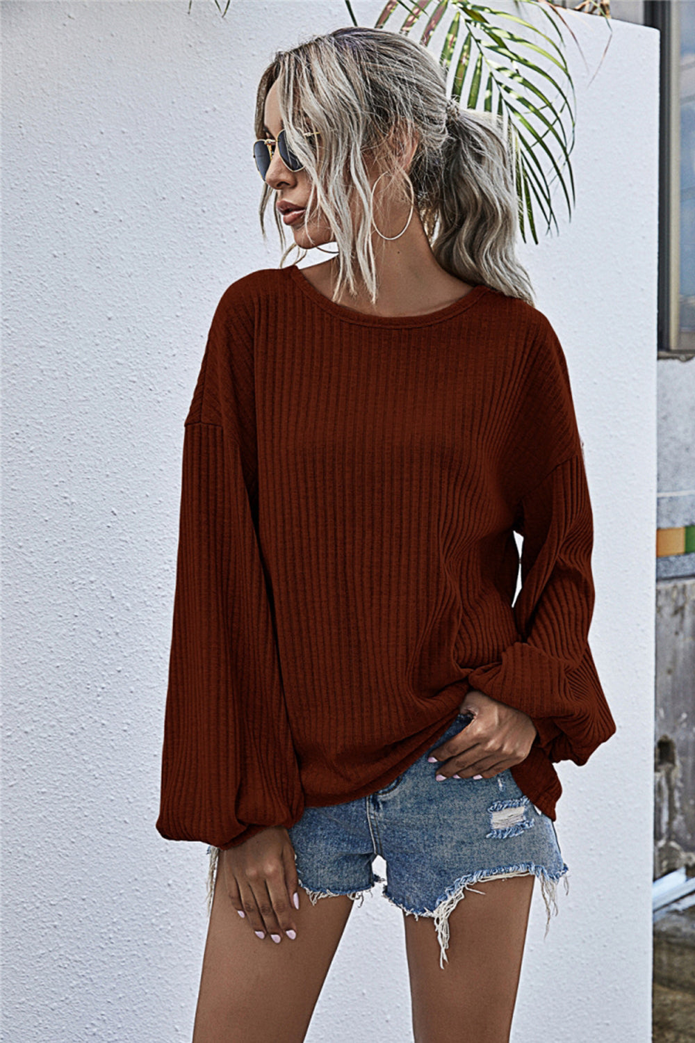 GR Round Neck Lantern Sleeve Casual Knitted Top
