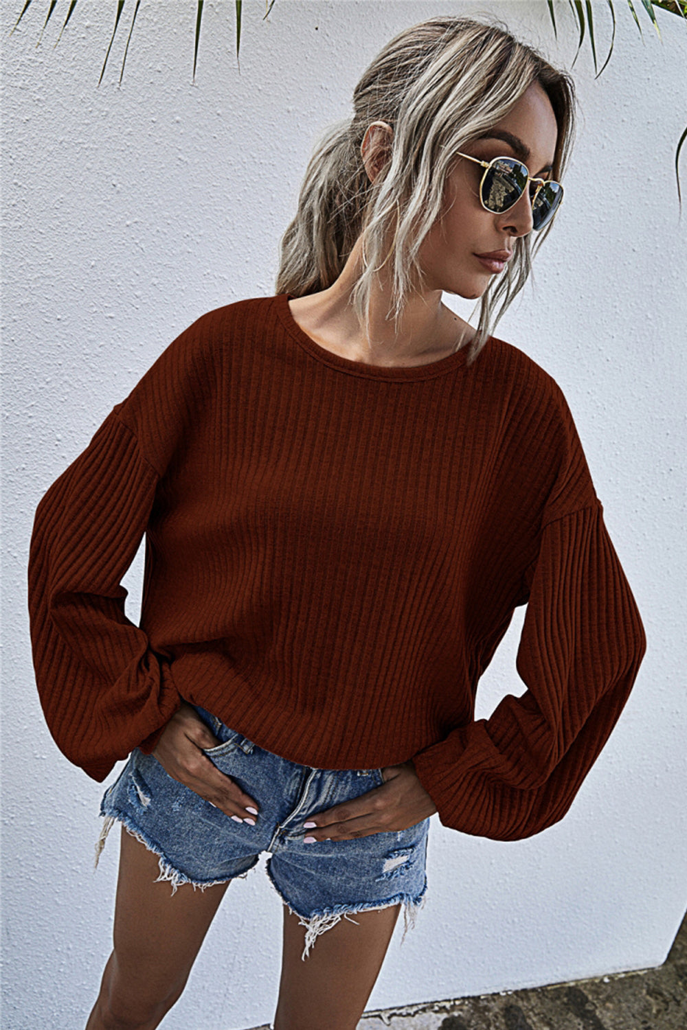 GR Round Neck Lantern Sleeve Casual Knitted Top