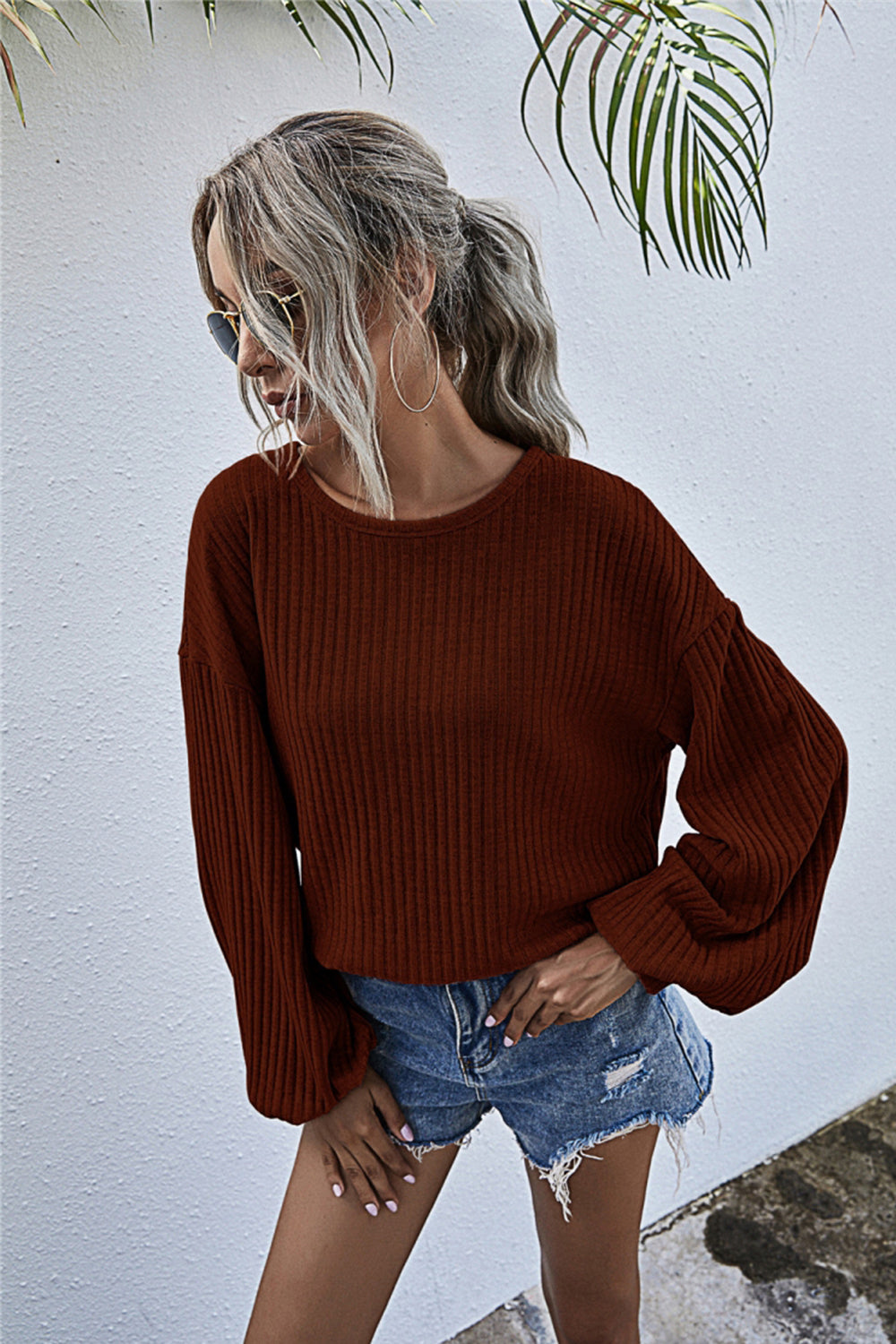 GR Round Neck Lantern Sleeve Casual Knitted Top