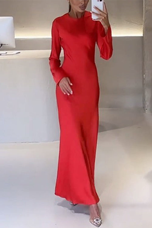 GR | Rosiedress Rundhals Lange Ärmel Satin Maxi Partykleid