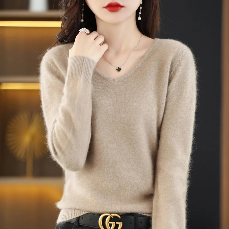 GR | Cashmere Pullover Damen V-ausschnitt Leichter und Weicher Strickpullover