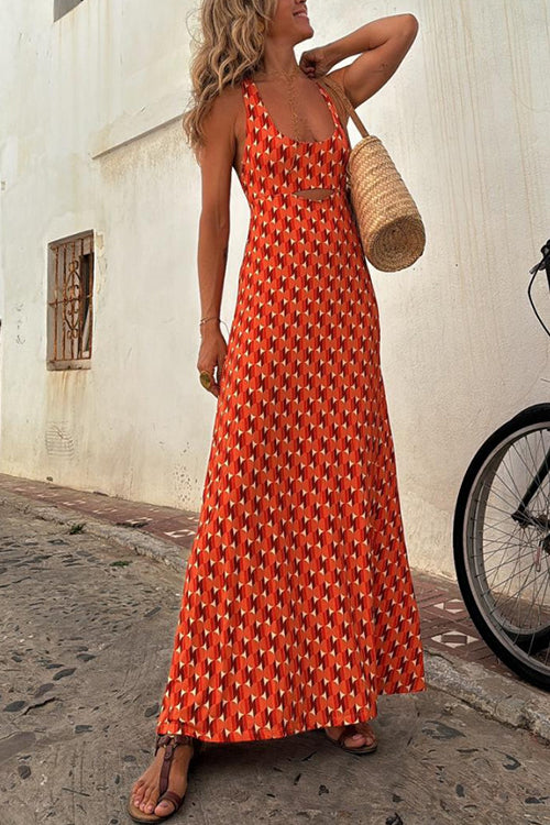 GR | Scoop Neck Backless Geometric Print Maxi Cami Dress