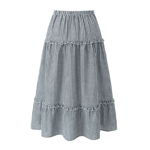 GR | Gestuftes Gingham-Midirock mit Rüschendetail