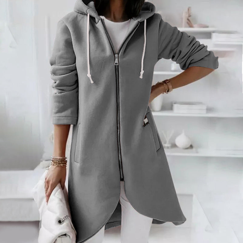 GR | Langer Bequemer Kapuzenpulli Mit Reißverschluss Für Damen