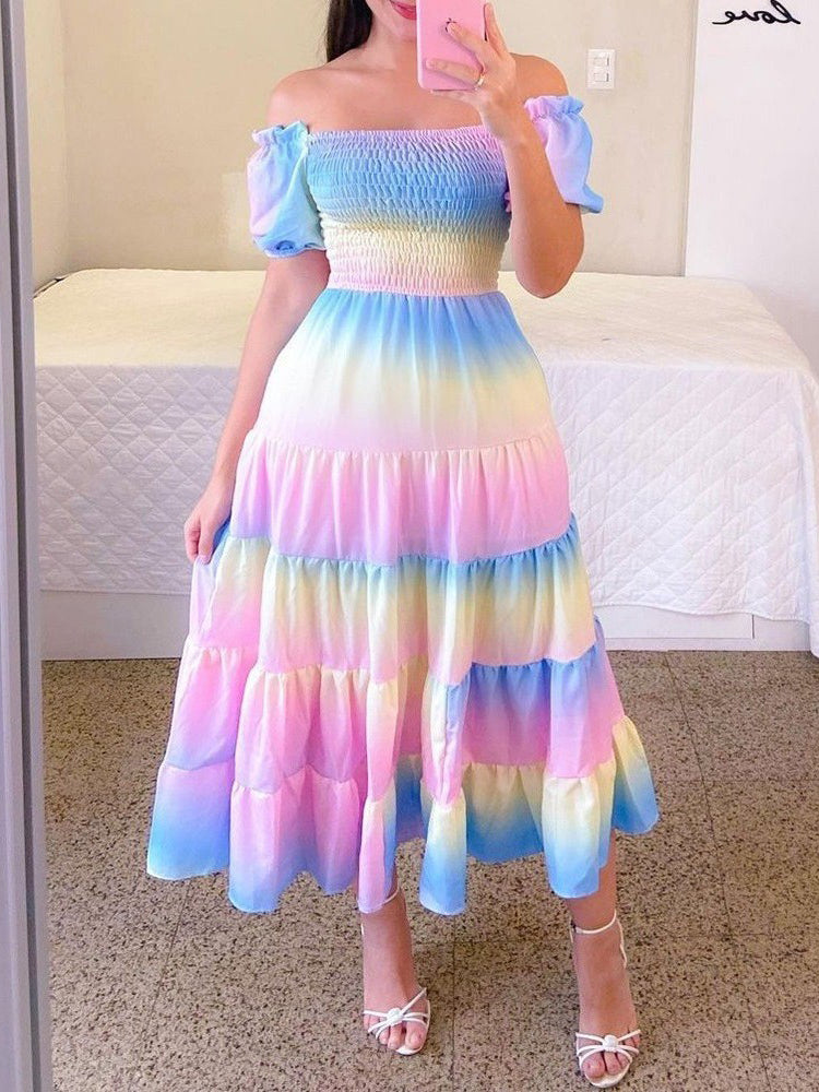 GR | Mode Kurzärmelig Bedruckt Ausgestelltes Midi Kleid
