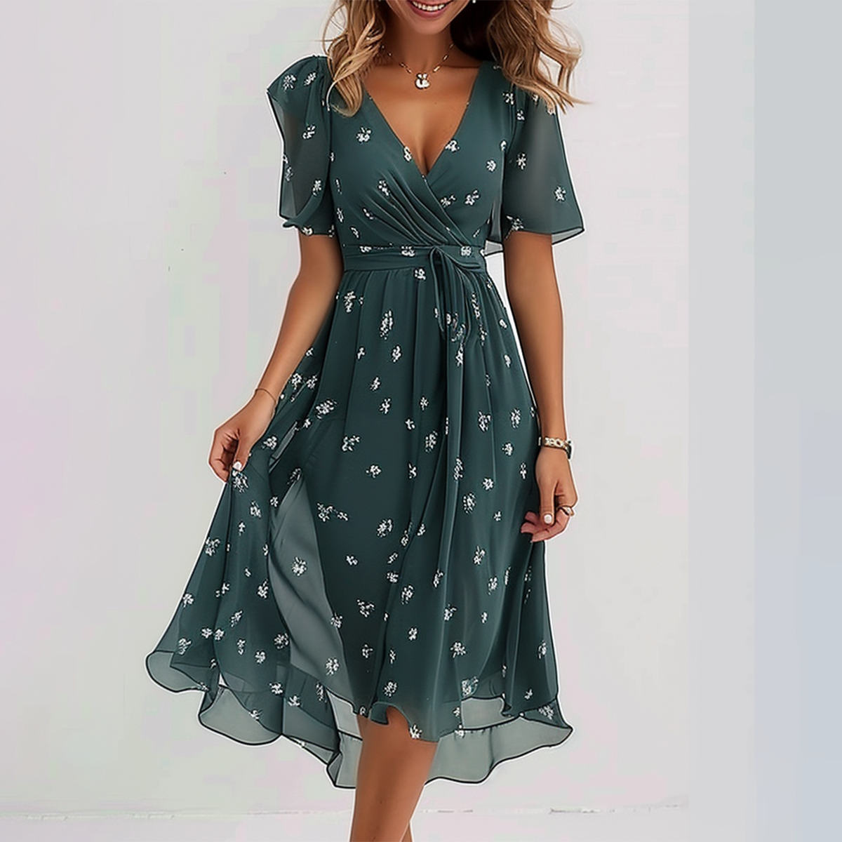 GR | Knielange Groovy Kleid In Grün mit Kurzen Ärmeln