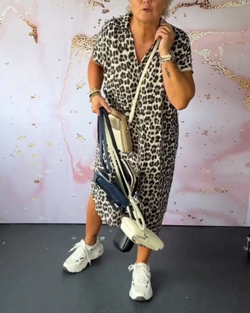 GR | Kurzärmliges Kleid mit Leopardenmuster und V-Ausschnitt