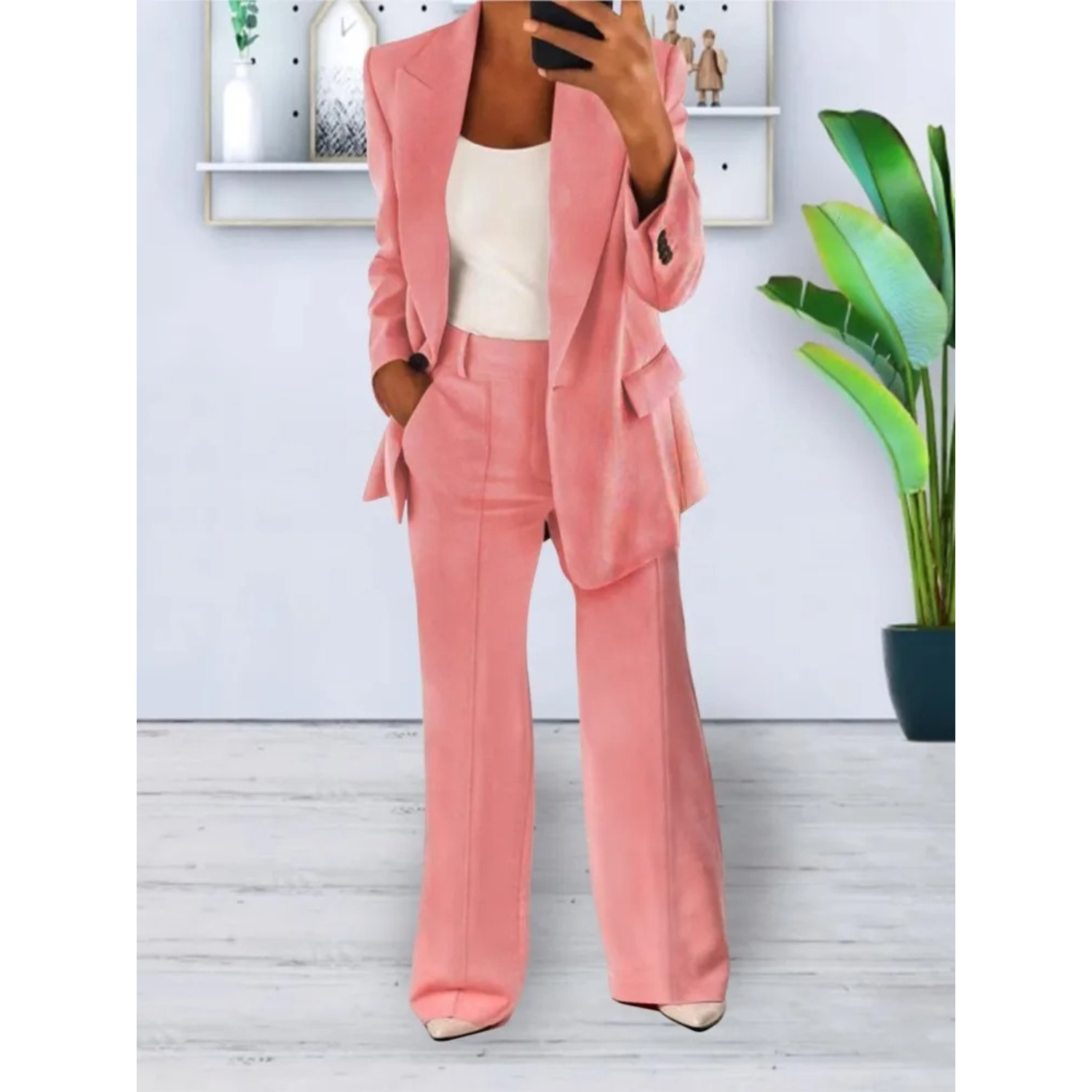 GR | Relaxed fit solid color casual pocket blazer and trousers set