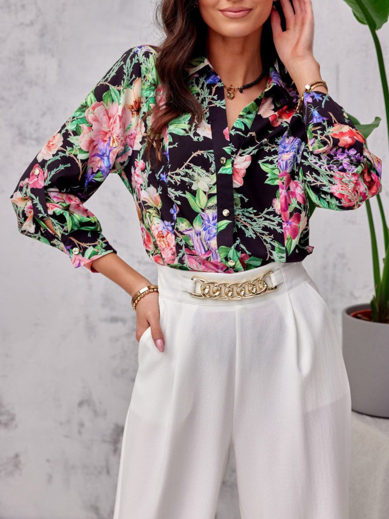 GR | Floral button-front long-sleeved top/shirt