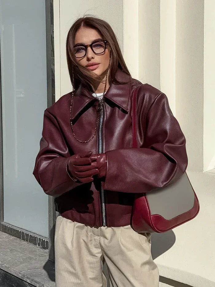 GR | Women's Red Leather Jacket Vintage Leather Jacket with Zipper For Women