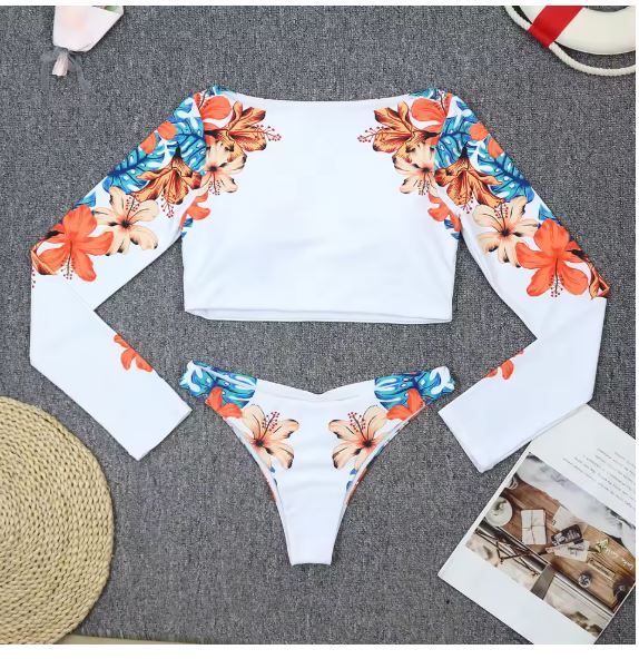 GR | Blooms Printed Long Sleeve Crop Rash Guard Bikini Set