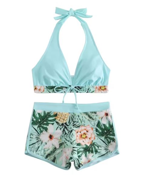 Women's sporty bikini set with woven top and patterned shorts, size [size]