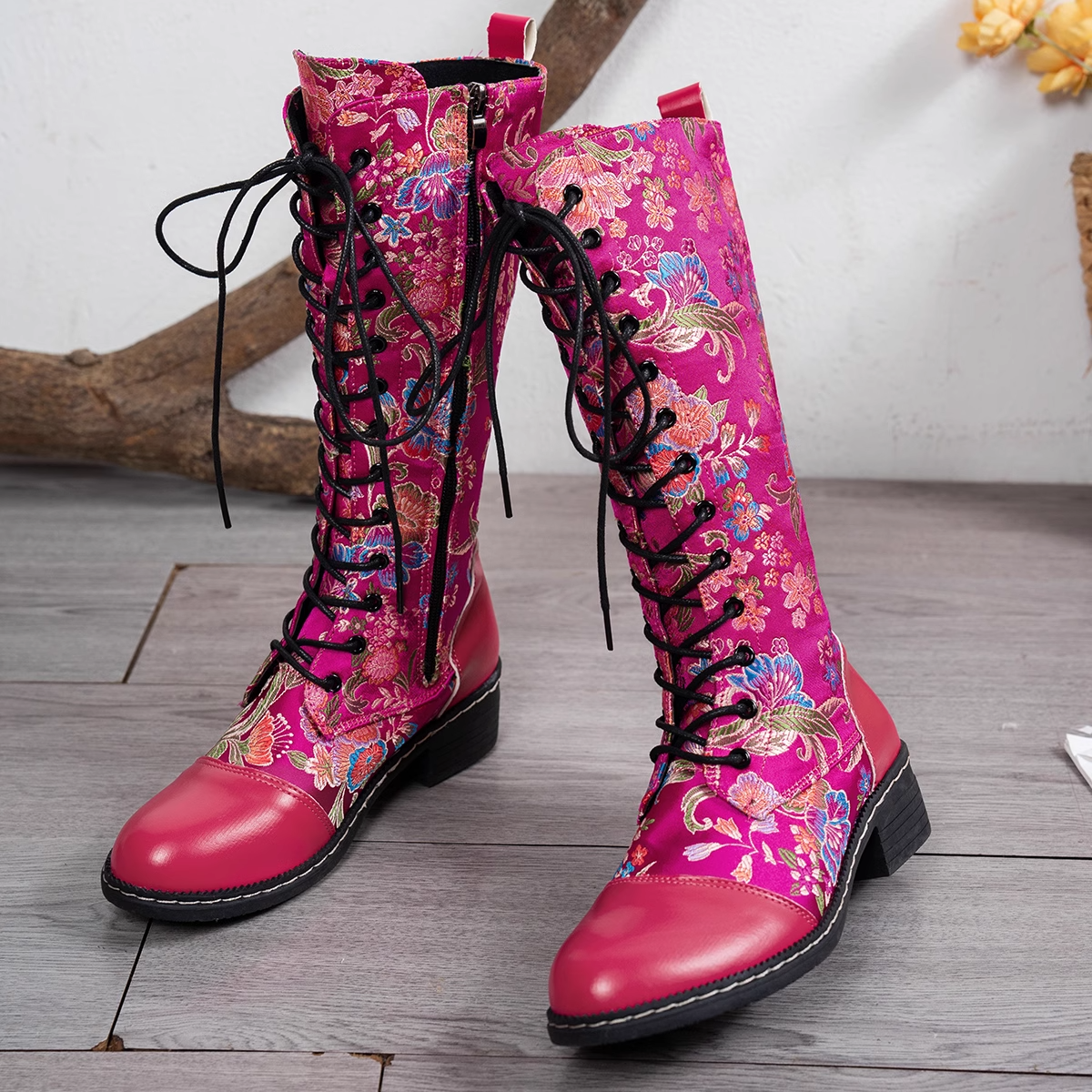 GR | Floral embroidery fuchsia faux leather boots