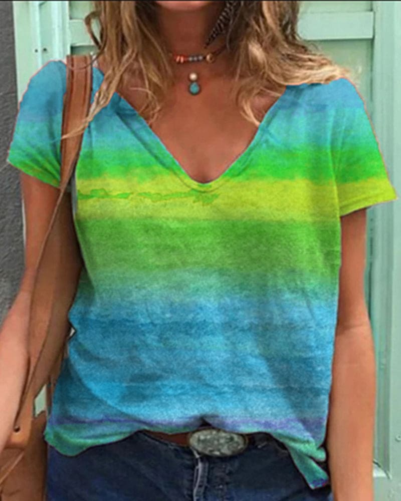 GR | Airy T-shirt with V-neck and rainbow pattern
