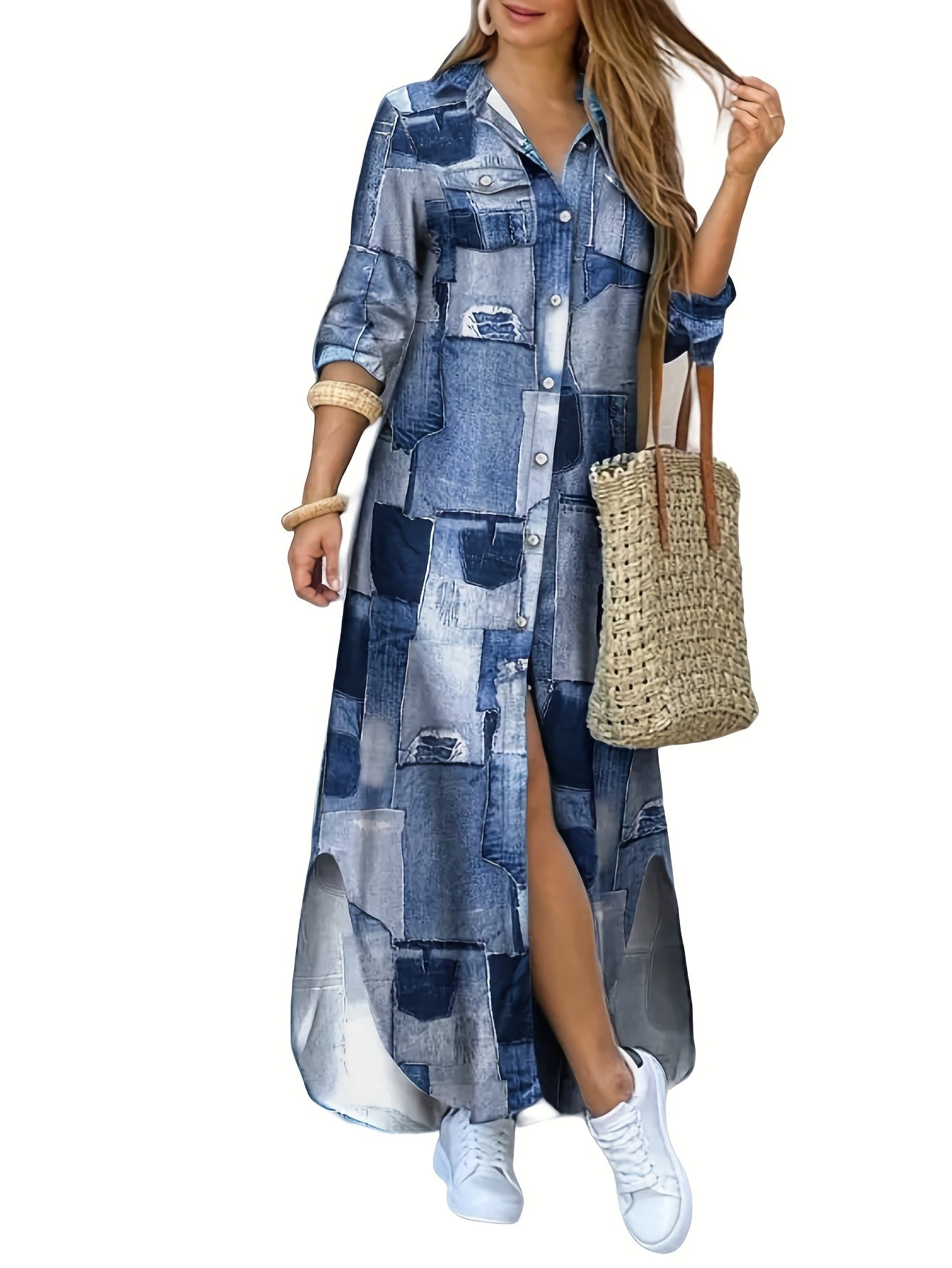 GR | Damen Casual Midi Hemdkleid in Blau
