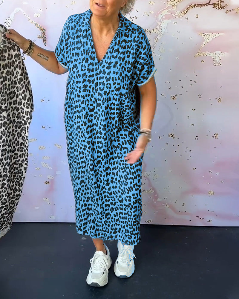 GR | Kurzärmliges Kleid mit Leopardenmuster und V-Ausschnitt