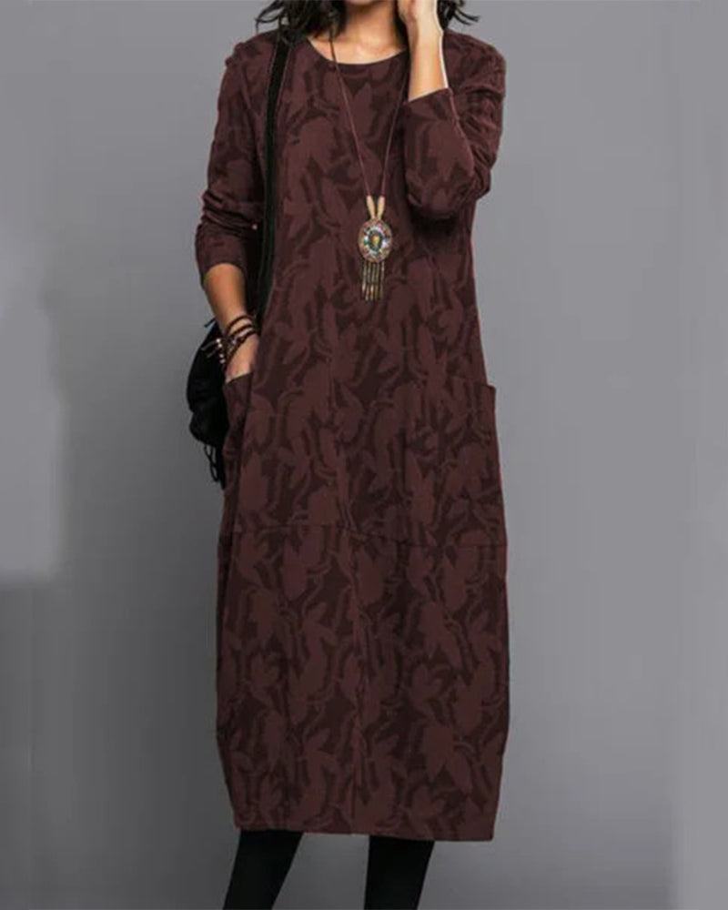 GR | Bohemian Autumn Long Sleeve Printed Pocket Dress for Women