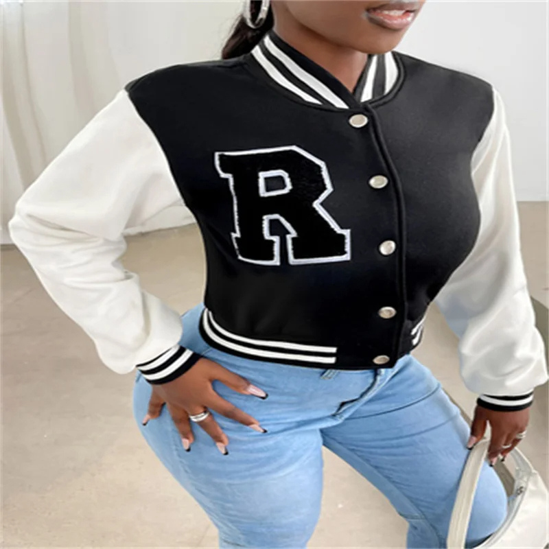 GR | Varsity Bomber Jacket for Women, Short Model with Letter Patch and Snap Button Closure