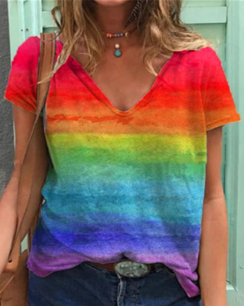 GR | Airy T-shirt with V-neck and rainbow pattern